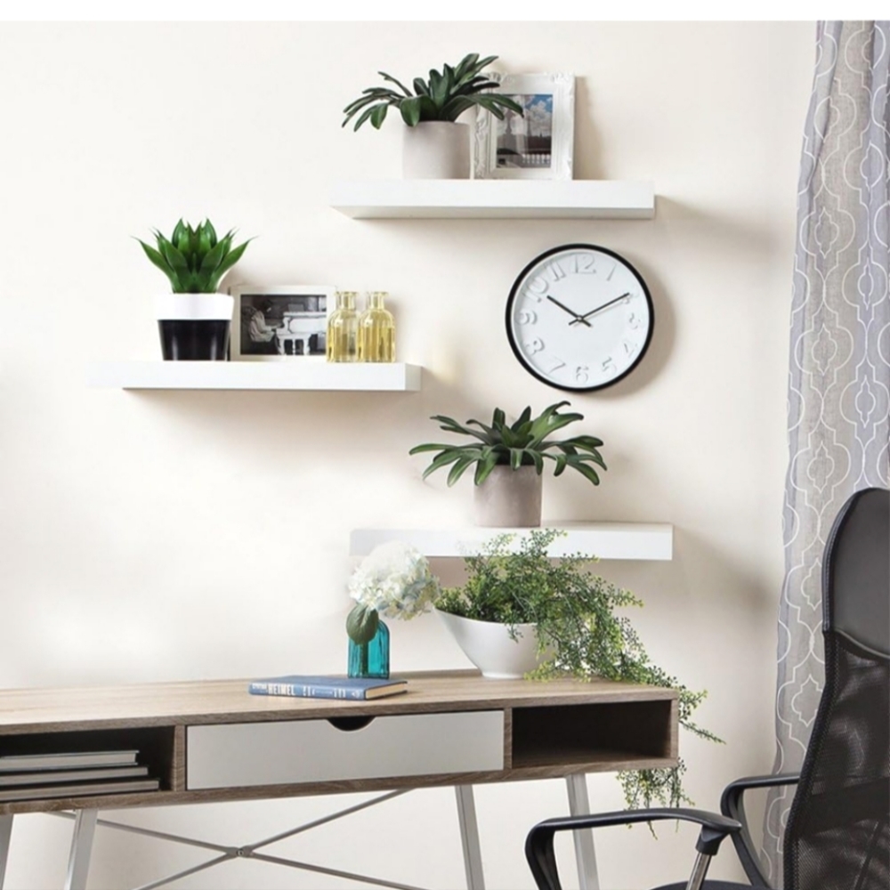 :Set of 3 Floating Shelves White Solid Wood Wall Shelves with Invisible Brackets
